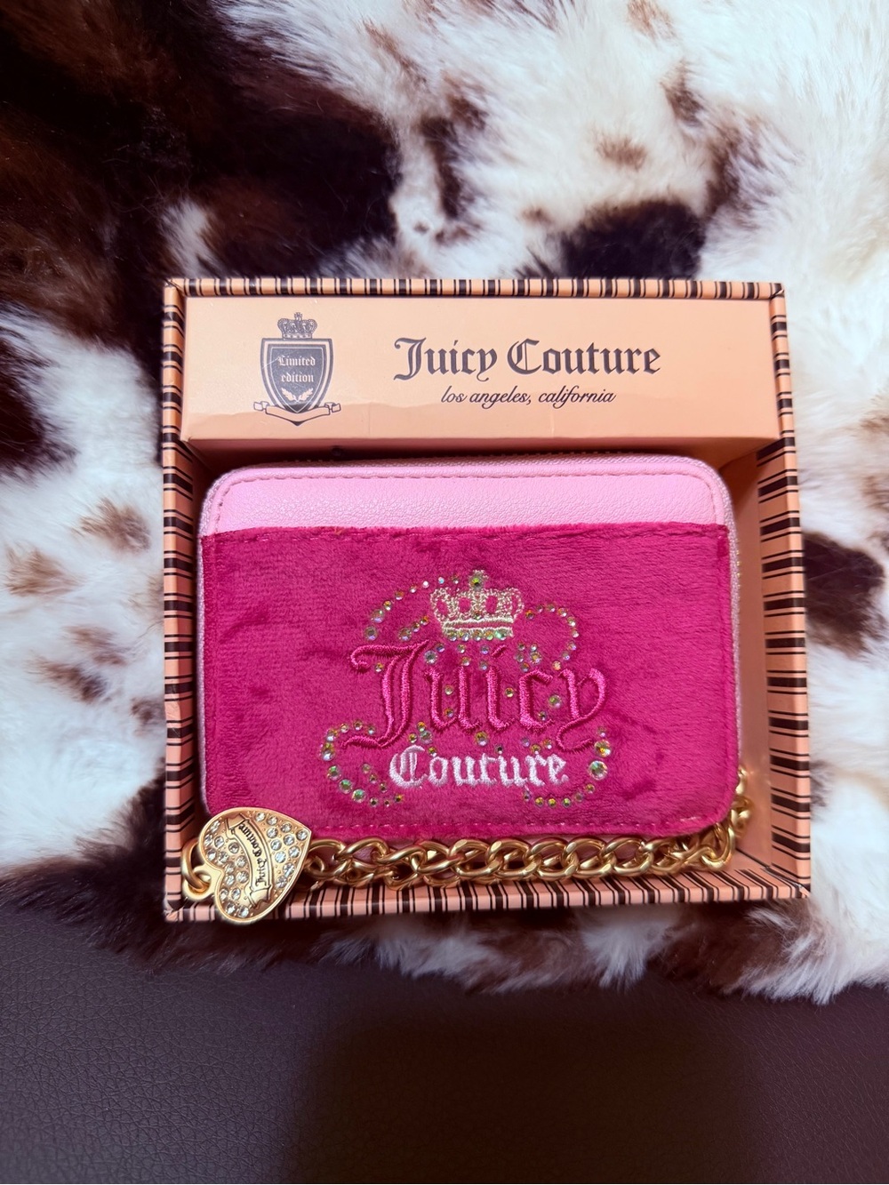 Juicy Couture Two-Tone Pink Plush Wallet with Gold Chain Heart Charm